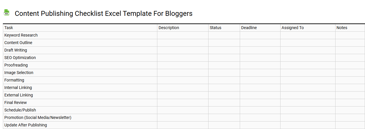 Content publishing checklist Excel template for bloggers