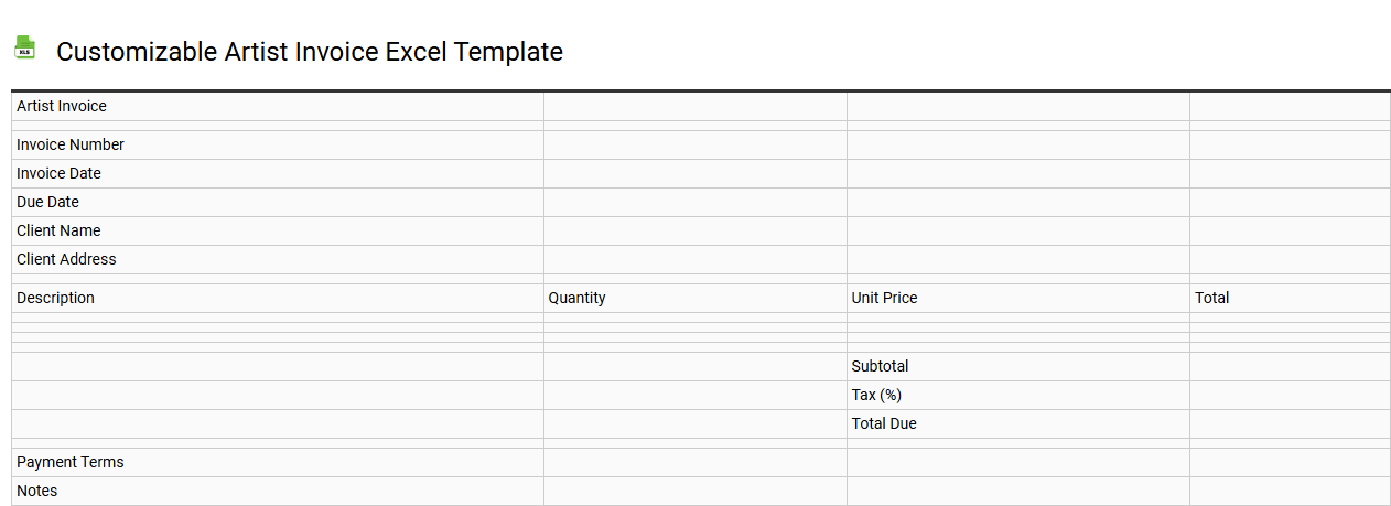 Customizable artist invoice Excel template