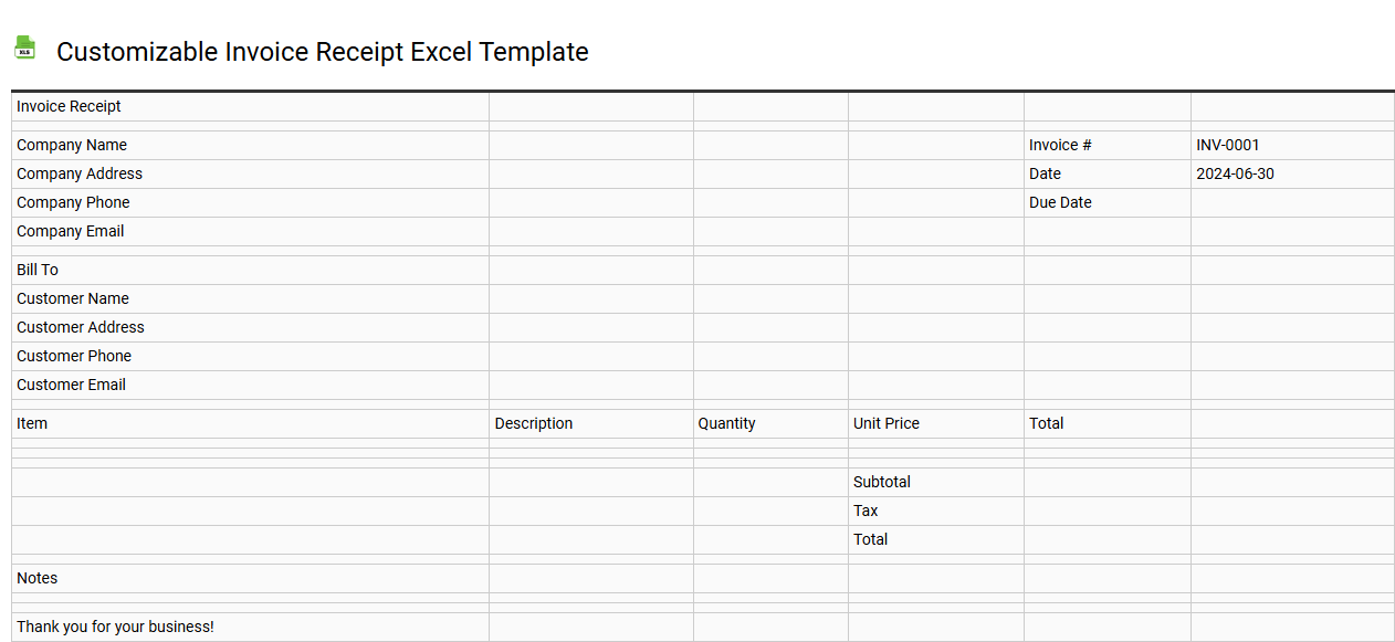 Customizable invoice receipt Excel template