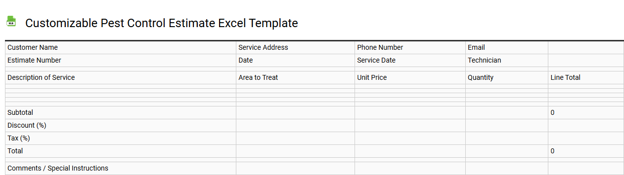 Customizable pest control estimate Excel template