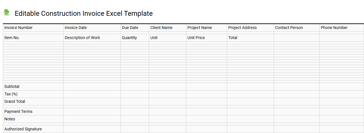 Editable construction invoice Excel template