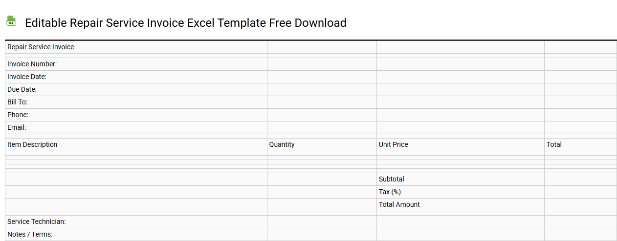 Editable repair service invoice Excel template free download