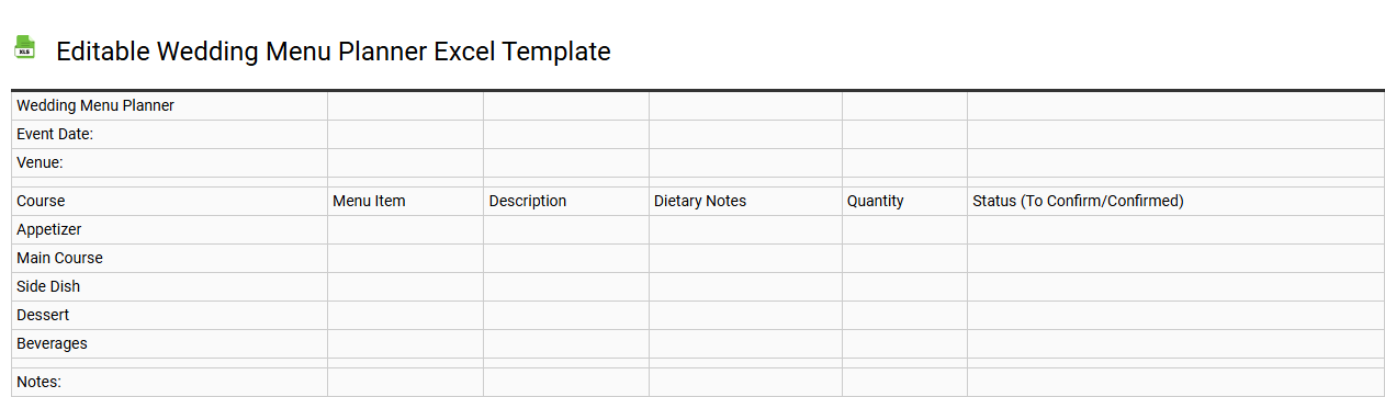 Editable wedding menu planner Excel template