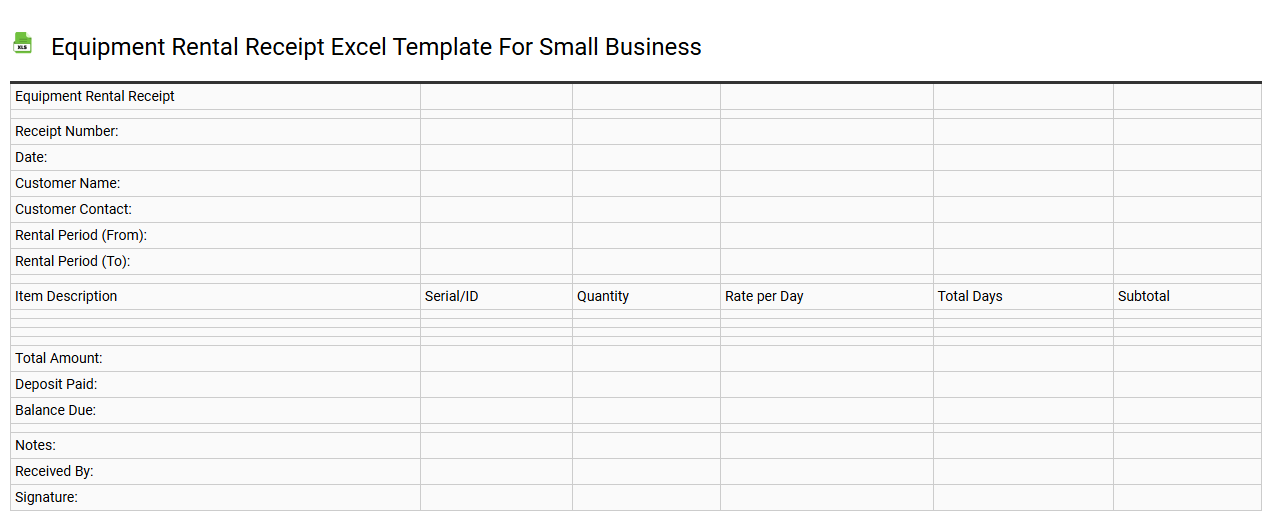 Equipment rental receipt Excel template for small business