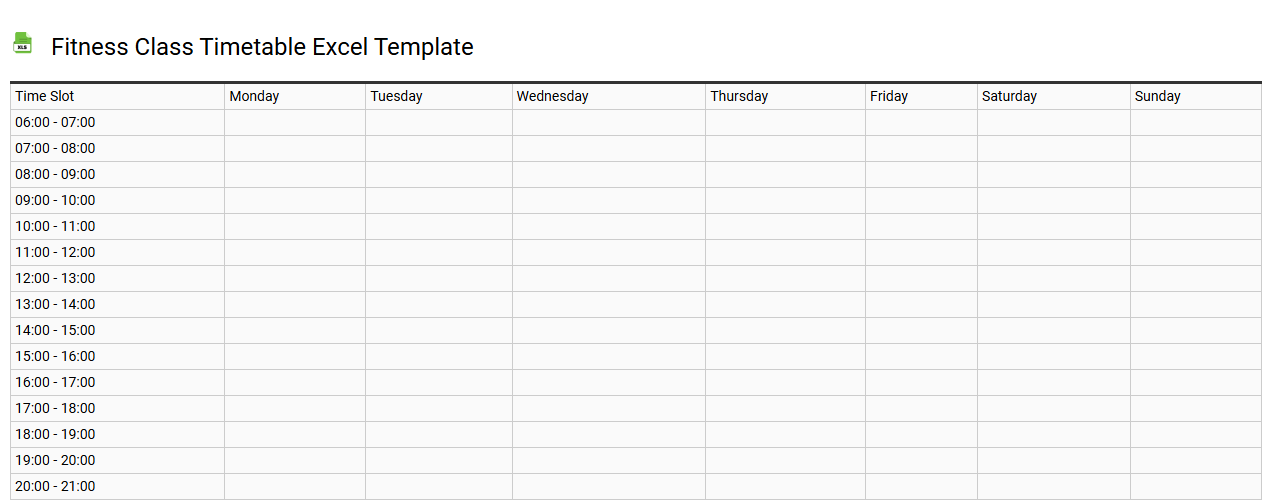Fitness class timetable Excel template