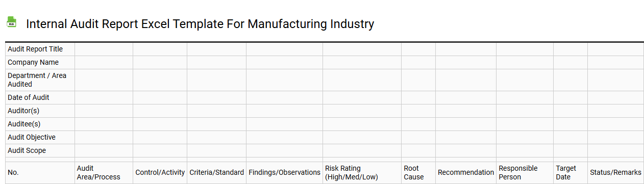 Internal audit report Excel template for manufacturing industry