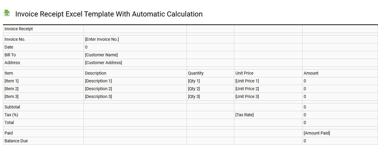 Invoice receipt Excel template with automatic calculation