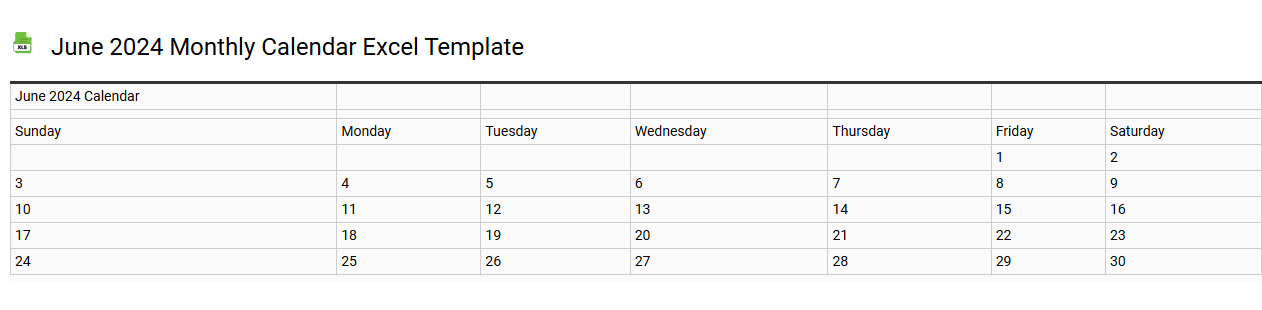 June 2024 monthly calendar Excel template