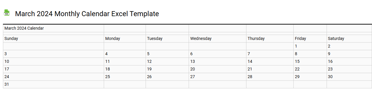 March 2024 monthly calendar Excel template