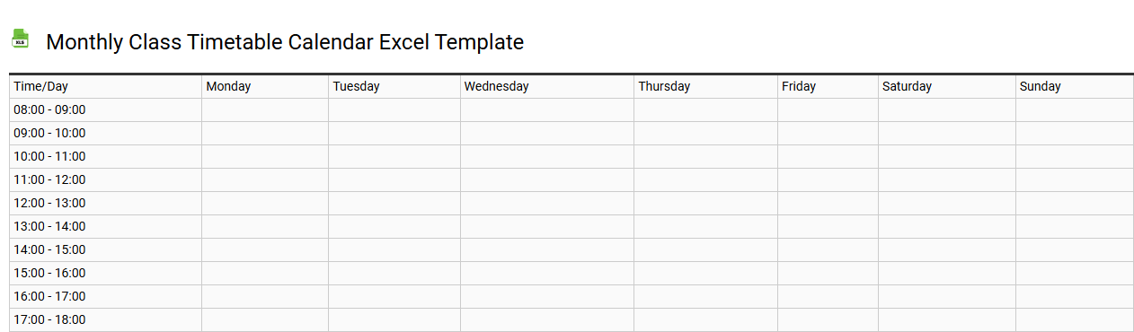 Monthly class timetable calendar Excel template
