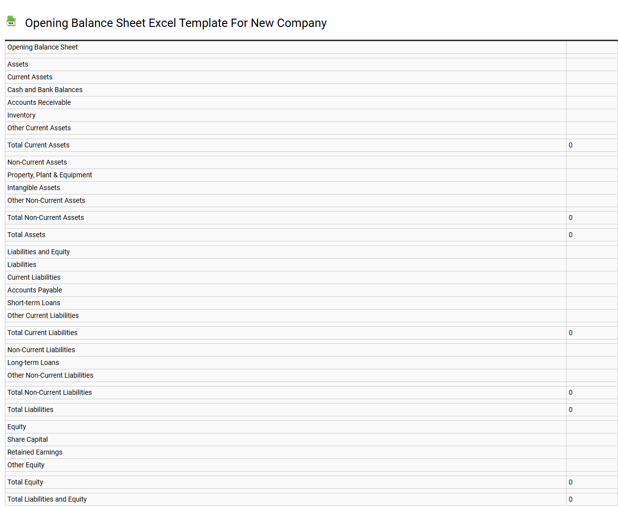 Opening balance sheet Excel template for new company