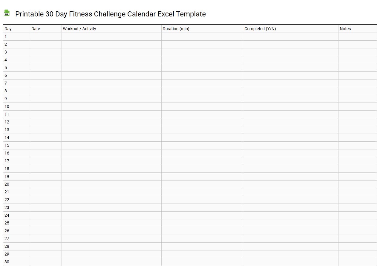 Printable 30 day fitness challenge calendar Excel template