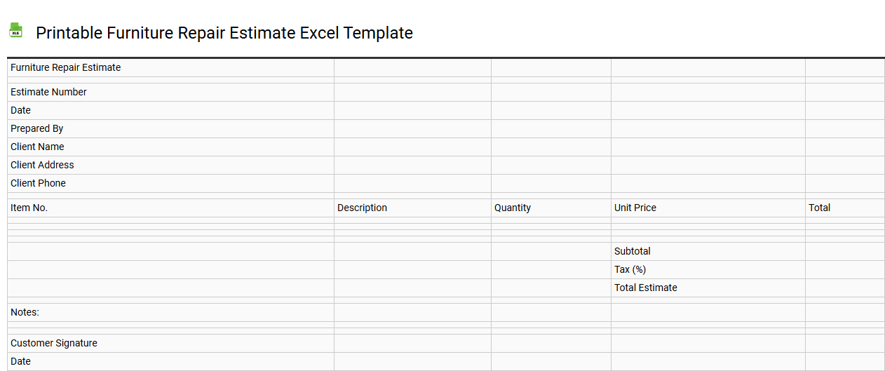 Printable furniture repair estimate Excel template