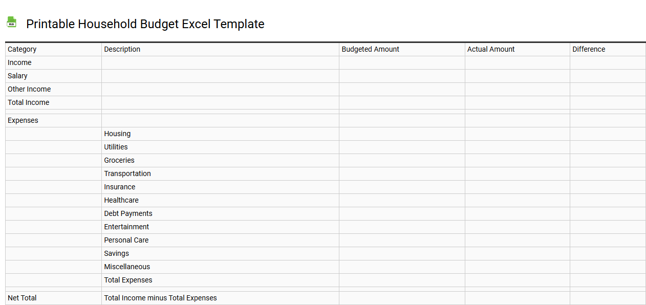 Printable household budget Excel template