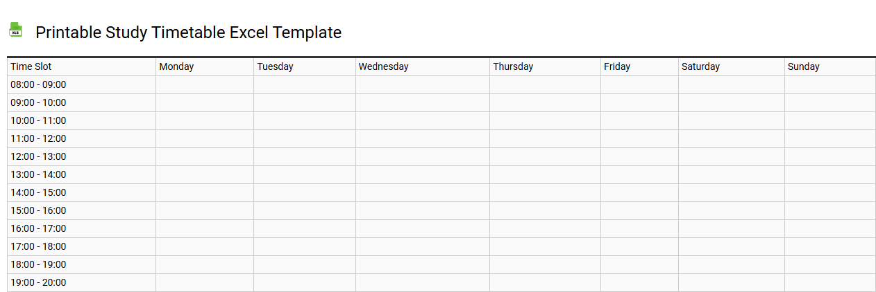 Printable study timetable Excel template