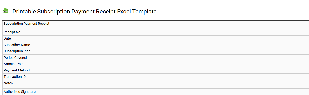 Printable subscription payment receipt Excel template
