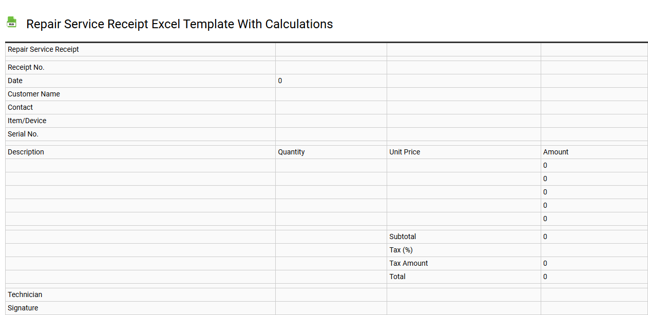 Repair service receipt Excel template with calculations