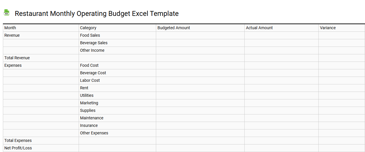 Restaurant monthly operating budget Excel template