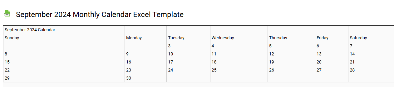 September 2024 monthly calendar Excel template