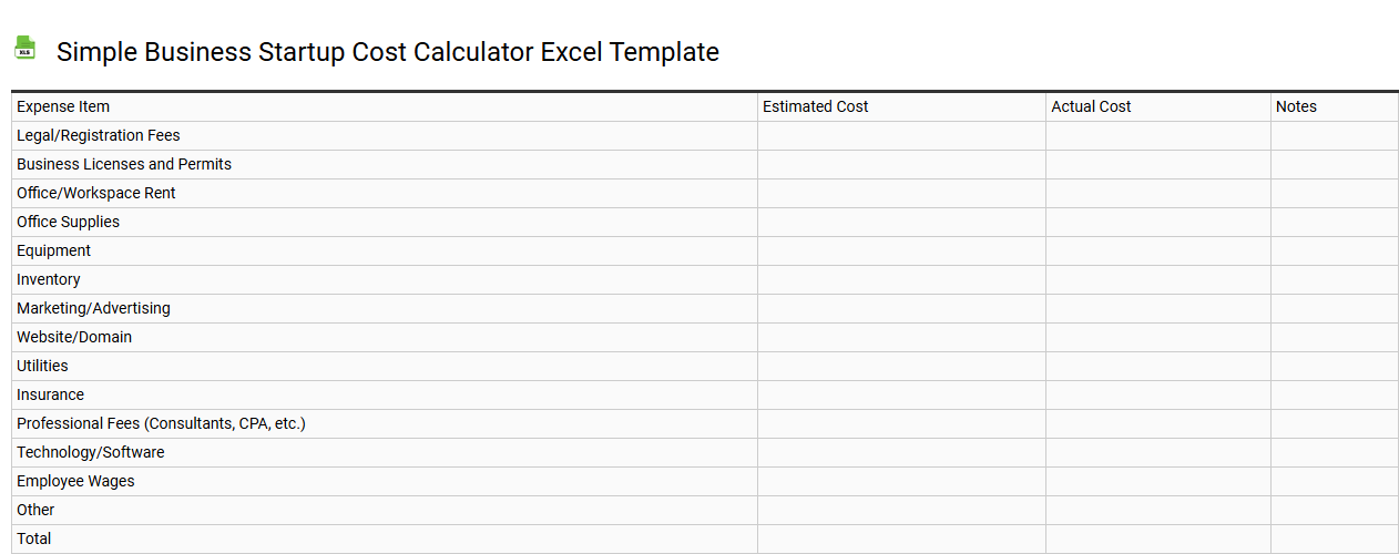 Simple business startup cost calculator Excel template