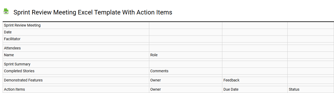 Sprint review meeting Excel template with action items