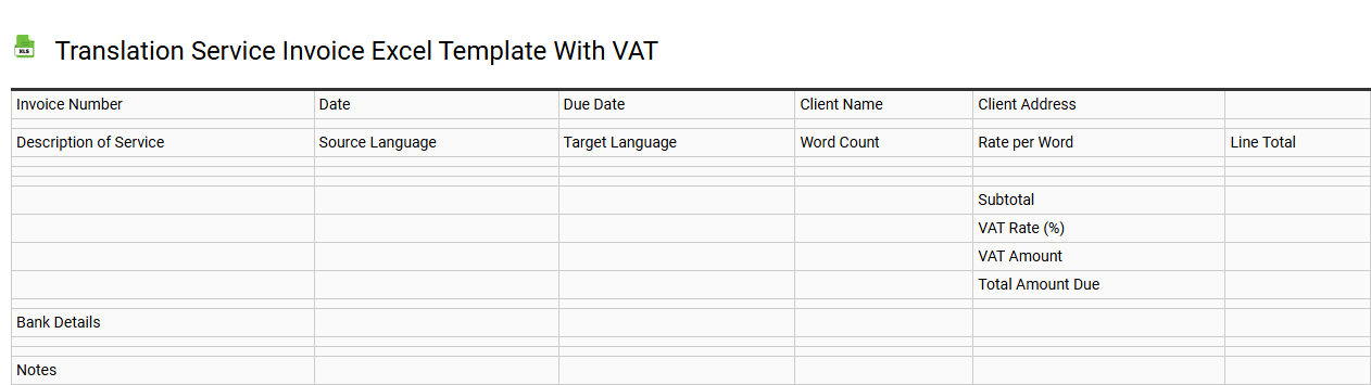 Translation service invoice Excel template with VAT