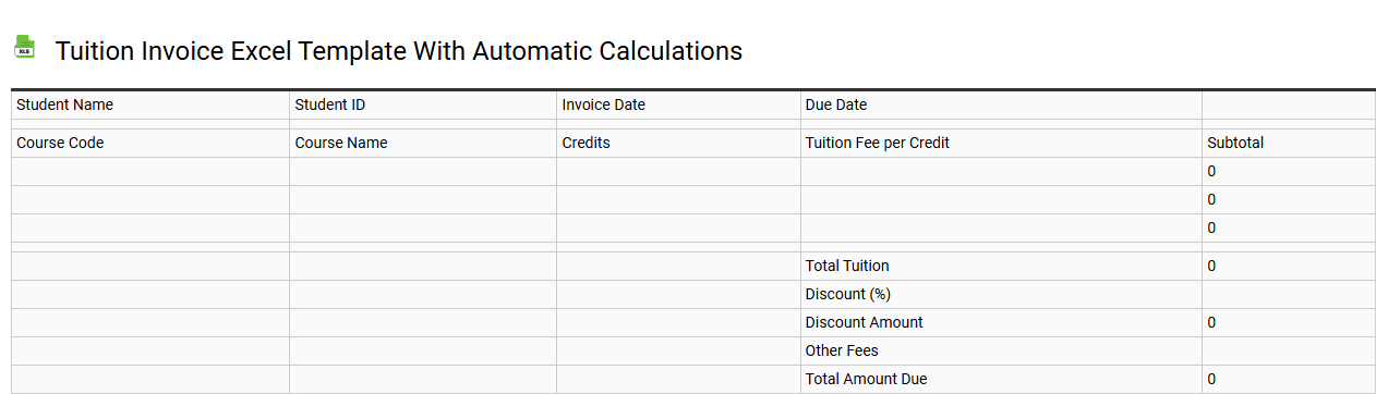 Tuition invoice Excel template with automatic calculations