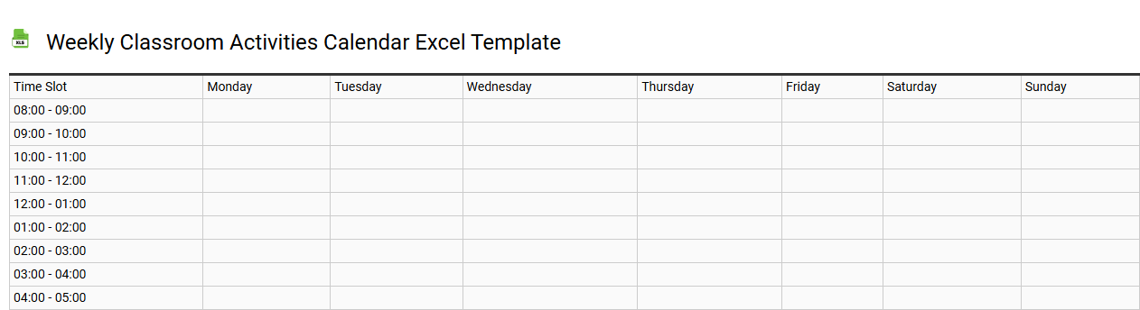 Weekly classroom activities calendar Excel template