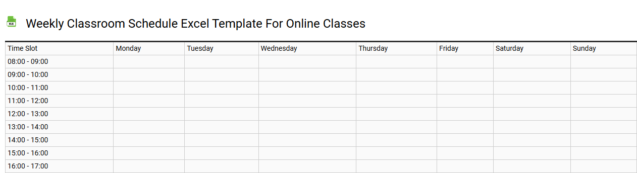 Weekly classroom schedule Excel template for online classes