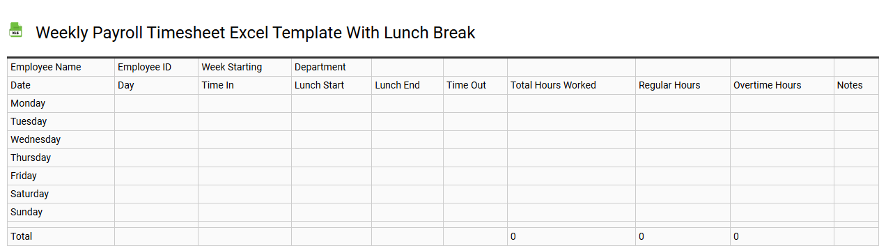 Weekly payroll timesheet Excel template with lunch break