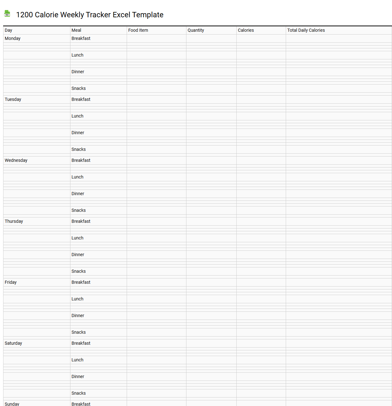 1200 calorie weekly tracker Excel template