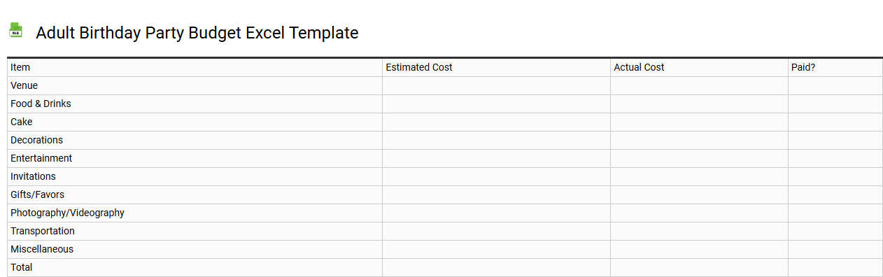 Adult birthday party budget Excel template