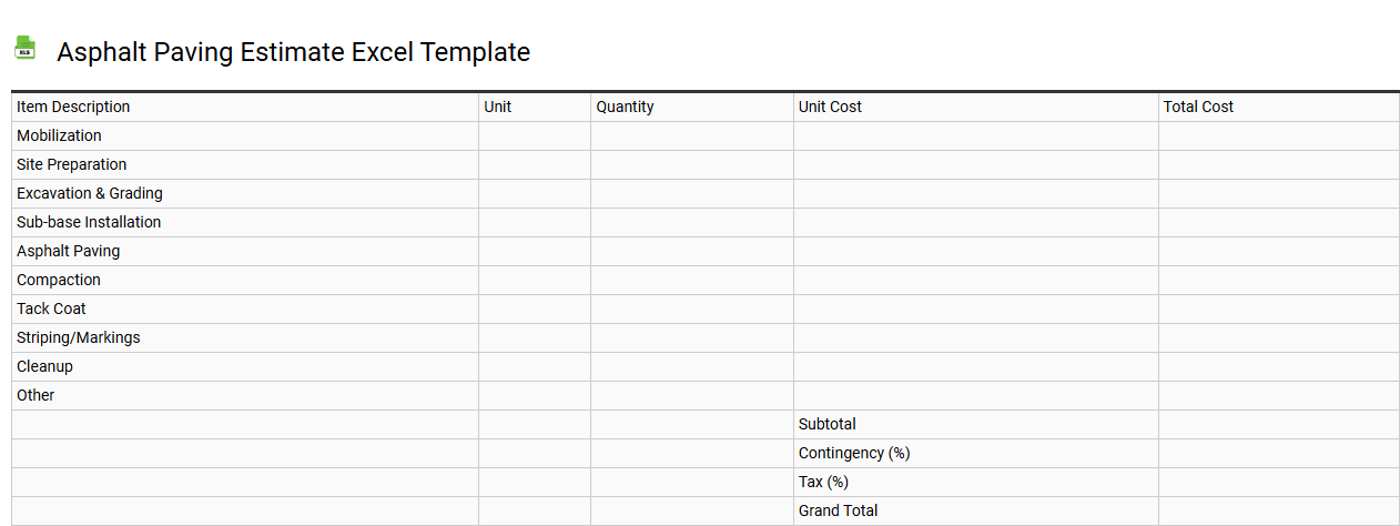 Asphalt paving estimate Excel template