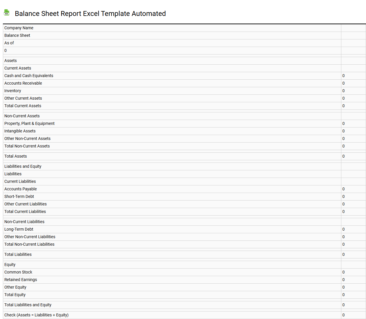 Balance sheet report Excel template automated