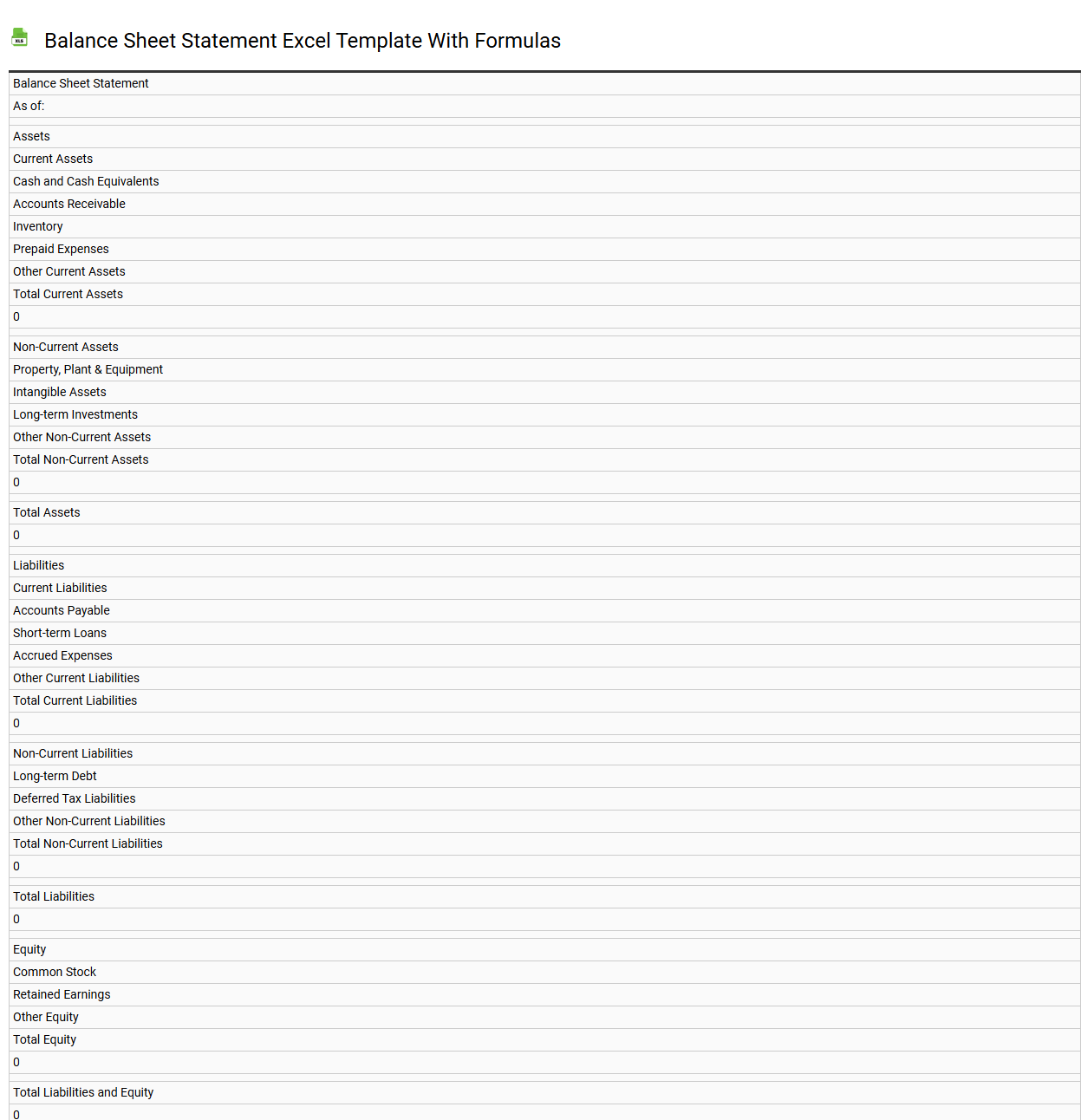 Balance sheet statement Excel template with formulas