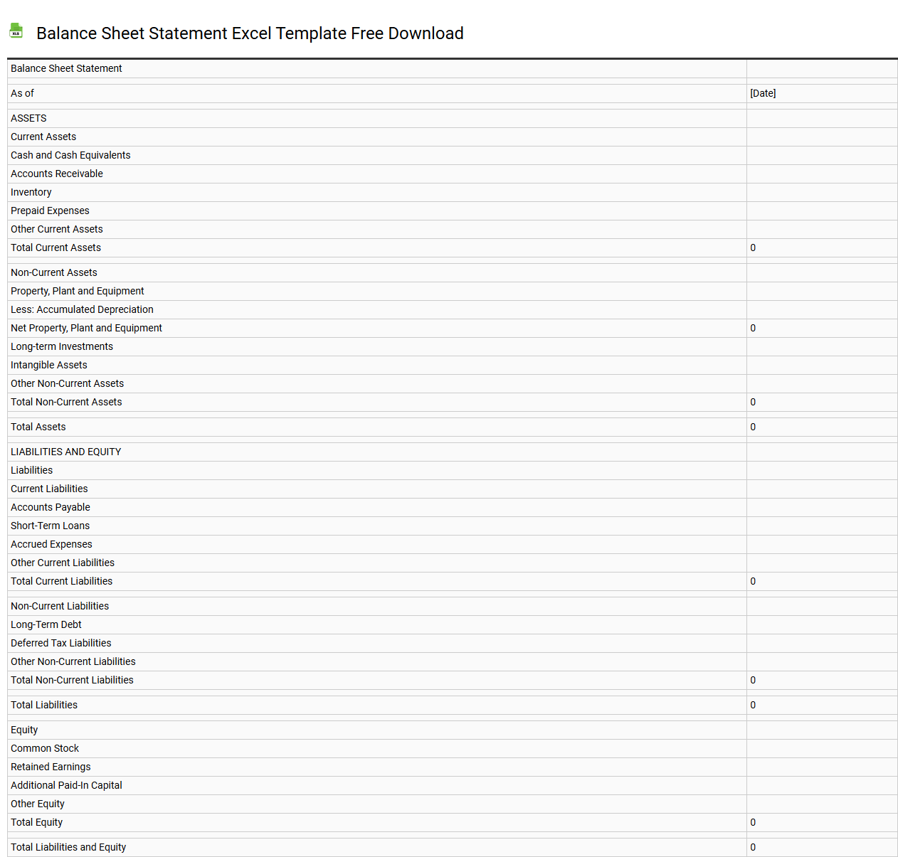 Balance sheet statement Excel template free download