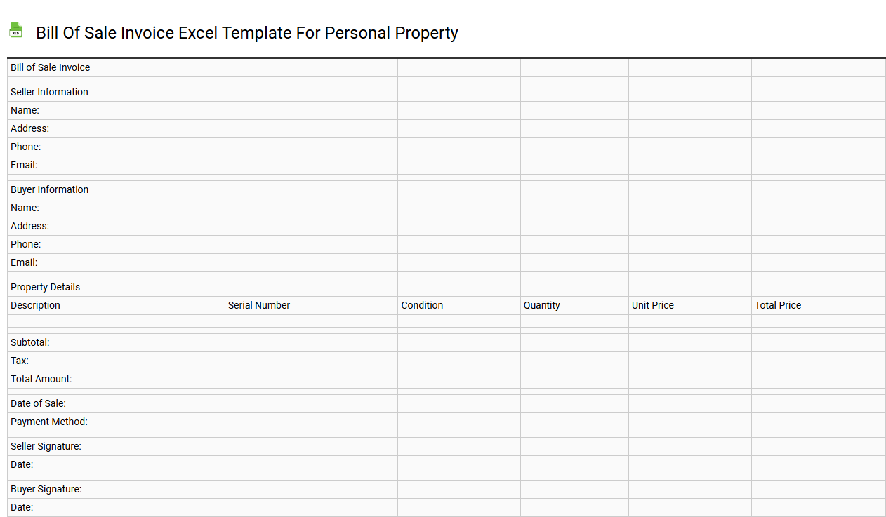 Bill of sale invoice Excel template for personal property