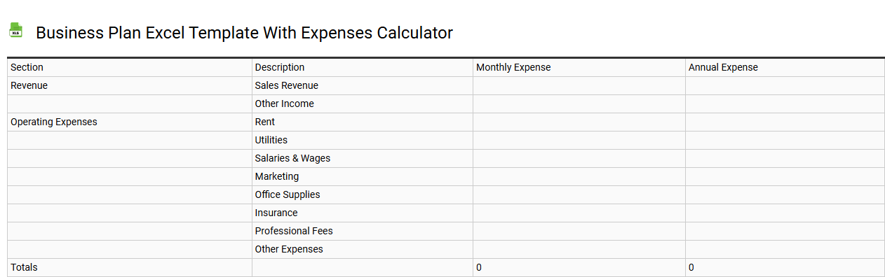 Business plan Excel template with expenses calculator