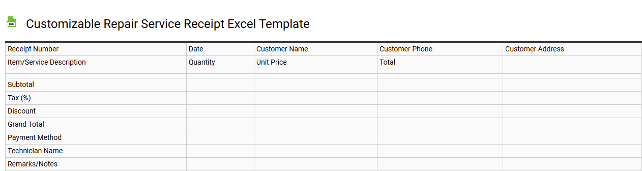 Customizable repair service receipt Excel template