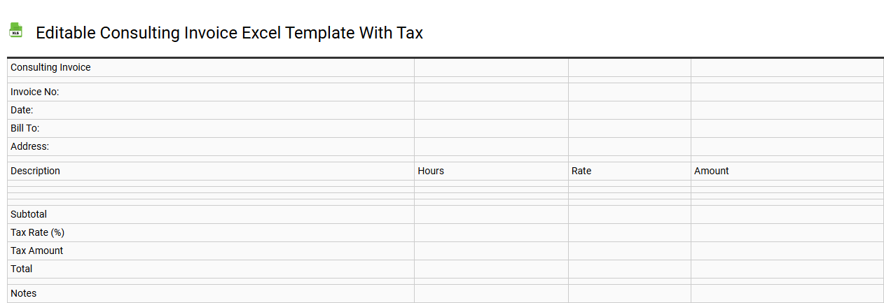 Editable consulting invoice Excel template with tax