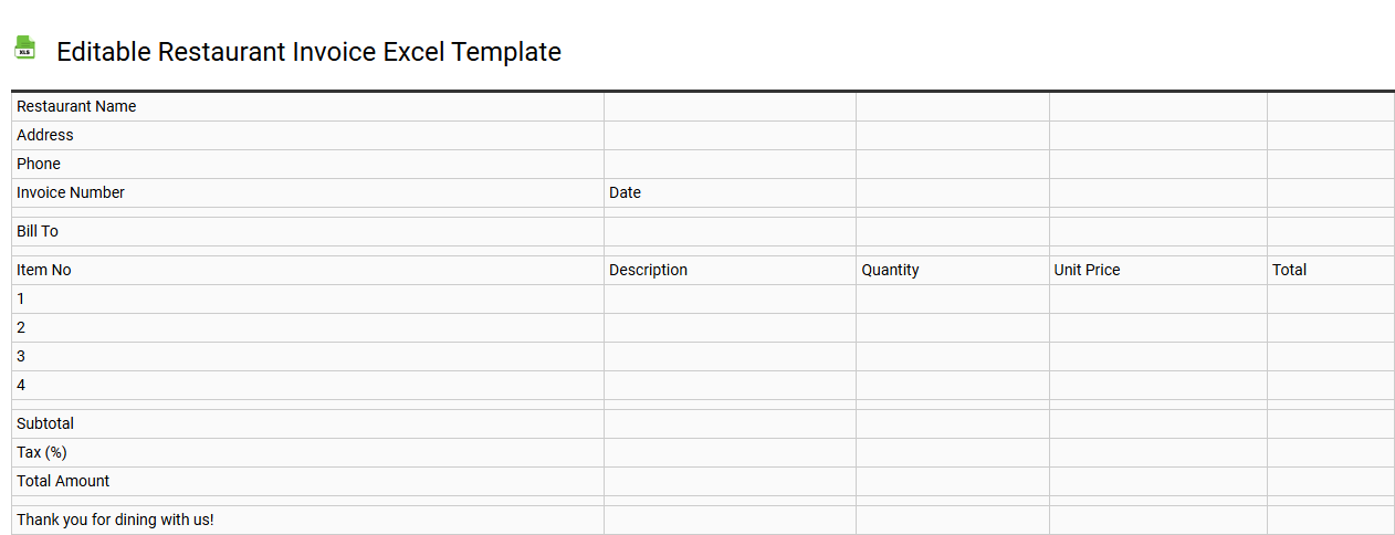 Editable restaurant invoice Excel template