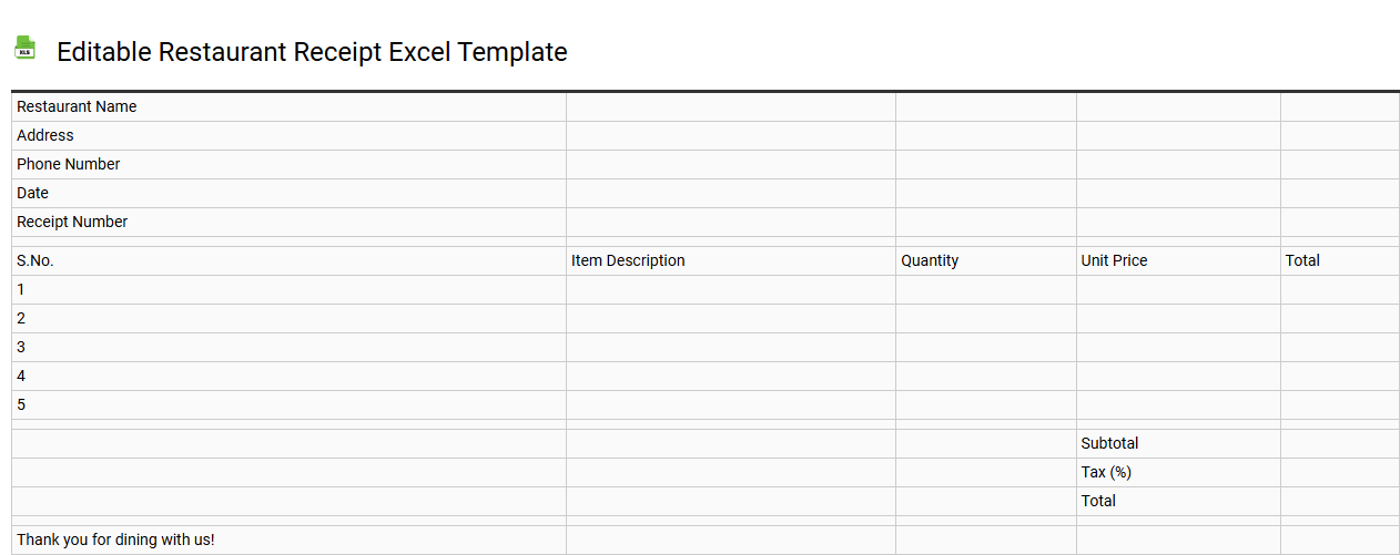 Editable restaurant receipt Excel template