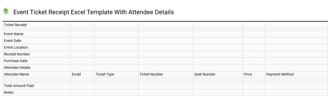 Event ticket receipt Excel template with attendee details