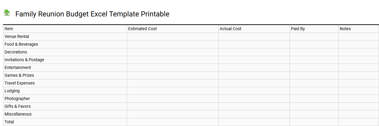 Family reunion budget Excel template printable