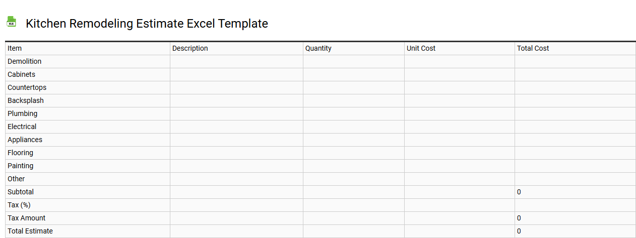 Kitchen remodeling estimate Excel template