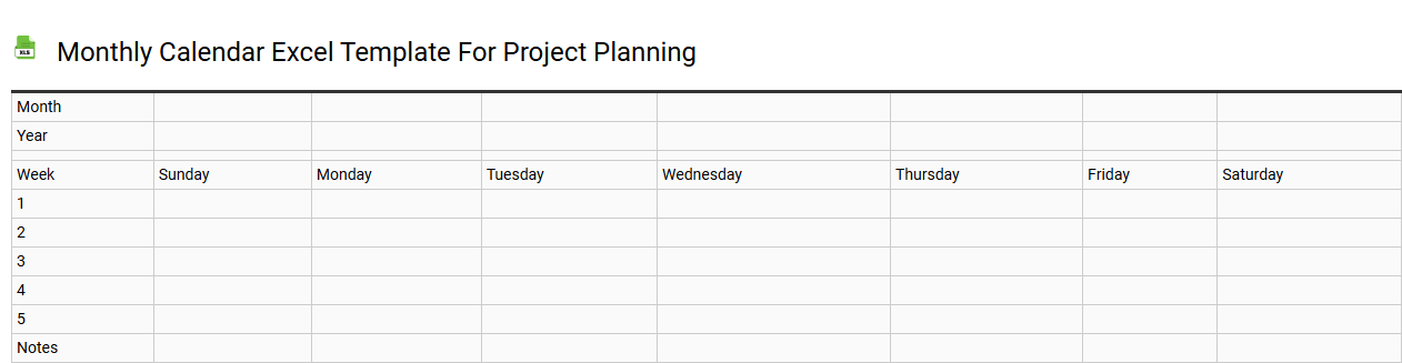 Monthly calendar Excel template for project planning