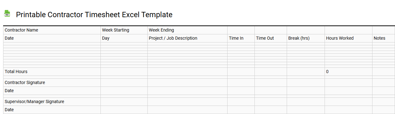 Printable contractor timesheet Excel template