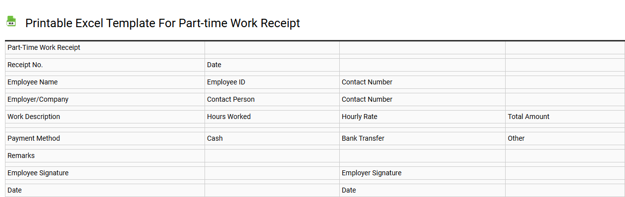 Printable Excel template for part-time work receipt
