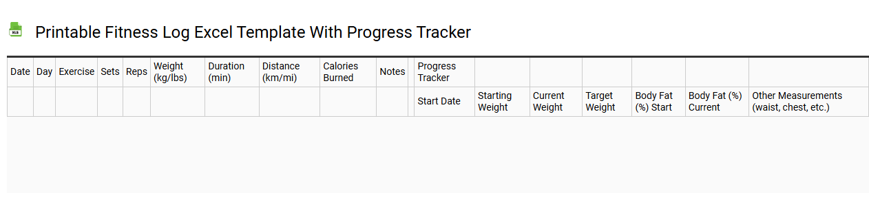 Printable fitness log Excel template with progress tracker