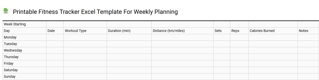 Printable fitness tracker Excel template for weekly planning
